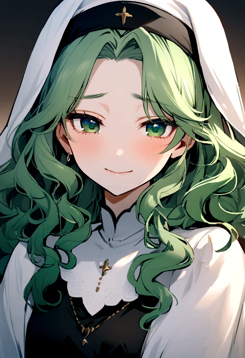 One Girl,20-year-old,Beautiful Face,Upper Body,Wavy Hair, Green Hair,Parted bangs、 Sharp focus,Nun&#39;s clothing、A shy smile、Gentle eyes、Droopy eyes、Green Eyes