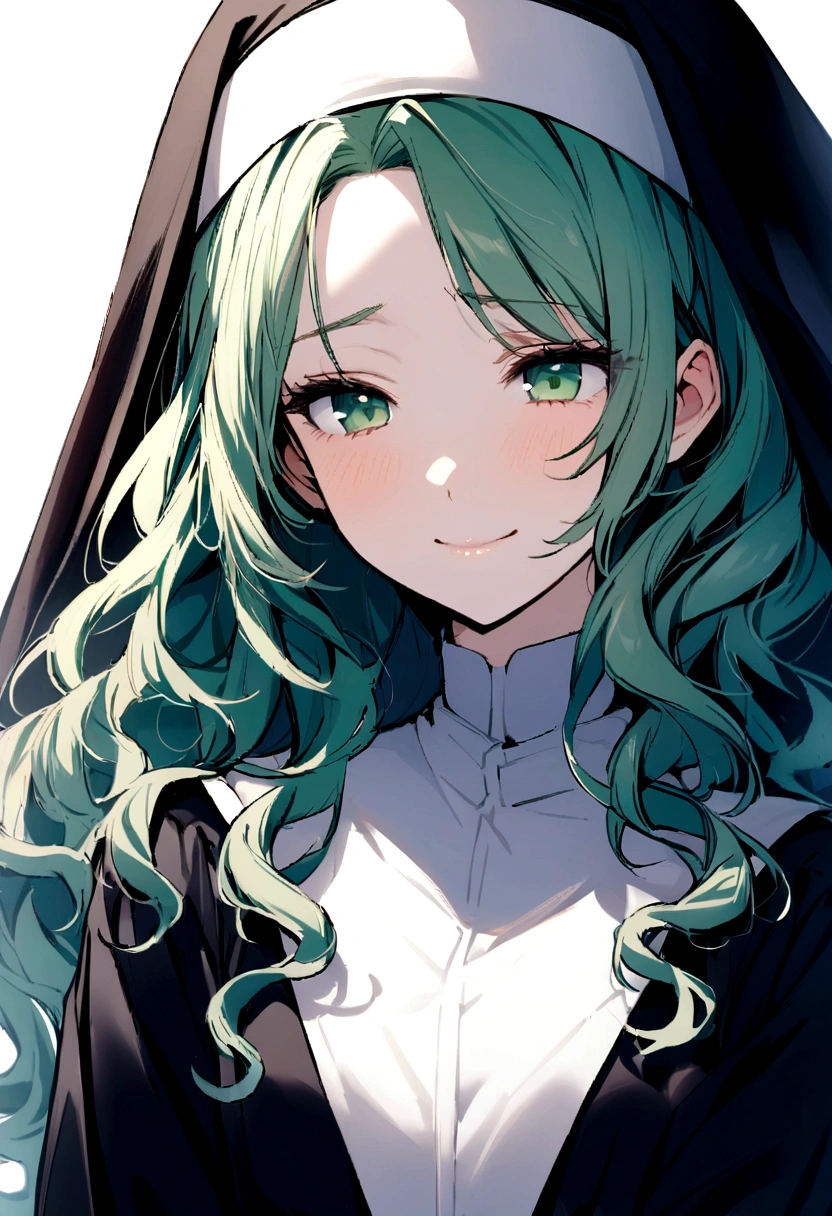 One Girl,20-year-old,Beautiful Face,Upper Body,Wavy Hair, Green Hair,Parted bangs、 Sharp focus,Nun's clothing、A shy smile、Gentle eyes、Droopy eyes、Green Eyes