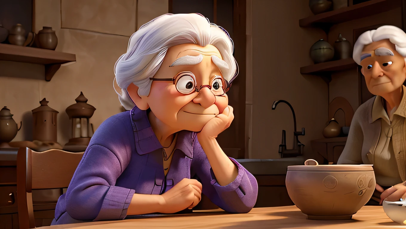 a patient elderly woman, a young man, a bowl of water, a small stone, (best quality,4k,8k,highres,masterpiece:1.2),ultra-detailed,(realistic,photorealistic,photo-realistic:1.37),elegant,warm lighting,soft focus,hyper-realistic,highly detailed portrait,intricate details,cinematic composition,natural skin tones,wistful expression,hands handing over bowl,old woman's wise eyes,old woman's wrinkled face,young man's attentive expression,ceramic bowl,smooth stone,serene atmosphere,calming colors,natural lighting