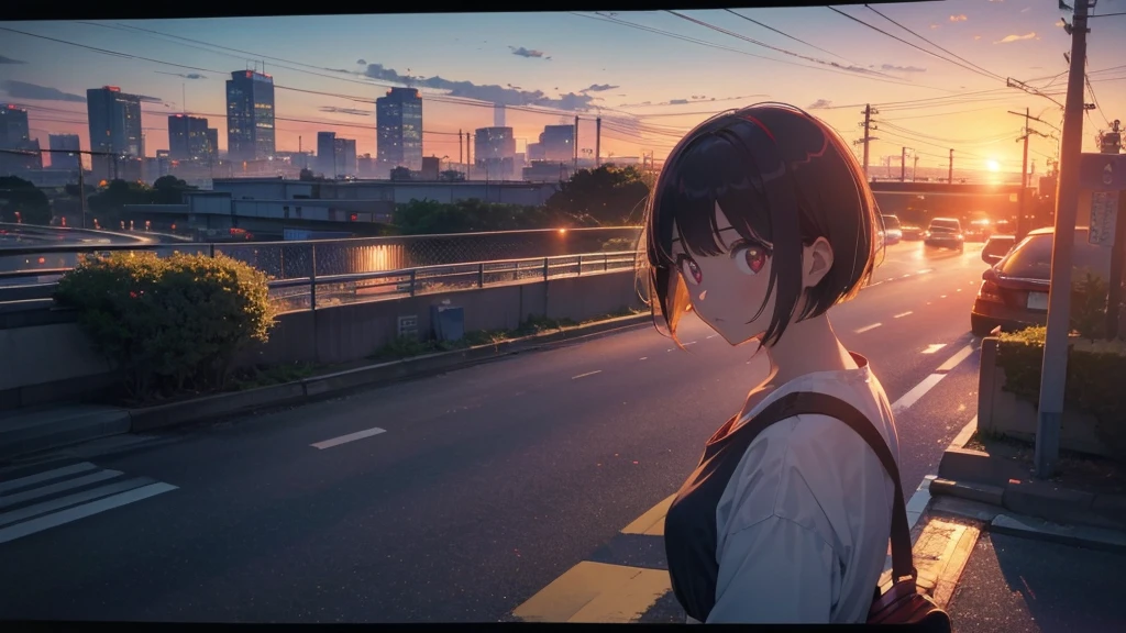 A shining sunset,sunset,Cars passing by on the road,Top-down view,Tokyo city,traffic jam,A girl with short bob hair and red eyes looking down on a footbridge