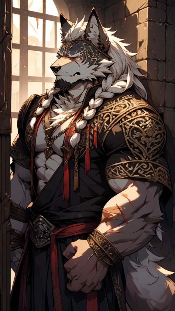 (masterpiece),(highres),(intricate details:1.4),extremely detailed,(illustration),incredibly detailed,photorealistic,8k,Anime headshot,exquisite,solo,aged male wolf,muscular,general,(damaged body:1.3),long hair,white hair,braided hair,long beard,heavy scar,?????,captured,imprisoned,dungeon,tortured,chains around body,(extreme pain:1.3),distressed,weak,delirious,malnourished,gaunt,(Warhammer 40K:0.8)