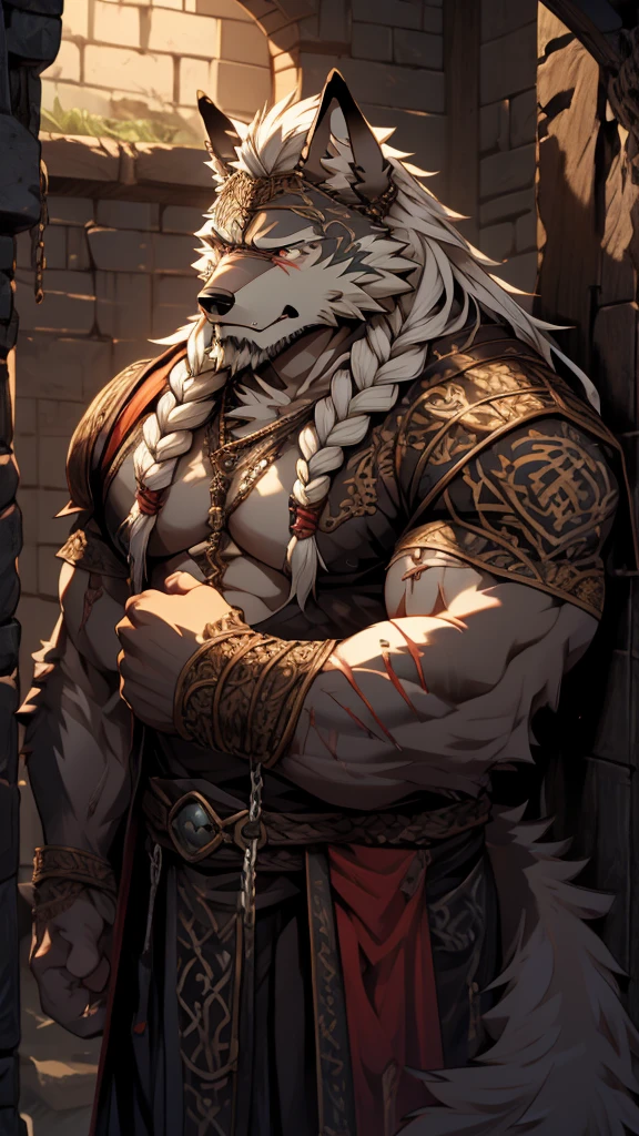 (masterpiece),(highres),(intricate details:1.4),extremely detailed,(illustration),incredibly detailed,photorealistic,8k,Anime headshot,exquisite,solo,aged male wolf,muscular,general,(damaged body:1.3),long hair,white hair,braided hair,long beard,heavy scar,naked,captured,imprisoned,dungeon,tortured,chains around body,(extreme pain:1.3),distressed,weak,delirious,malnourished,gaunt,(Warhammer 40K:0.8)