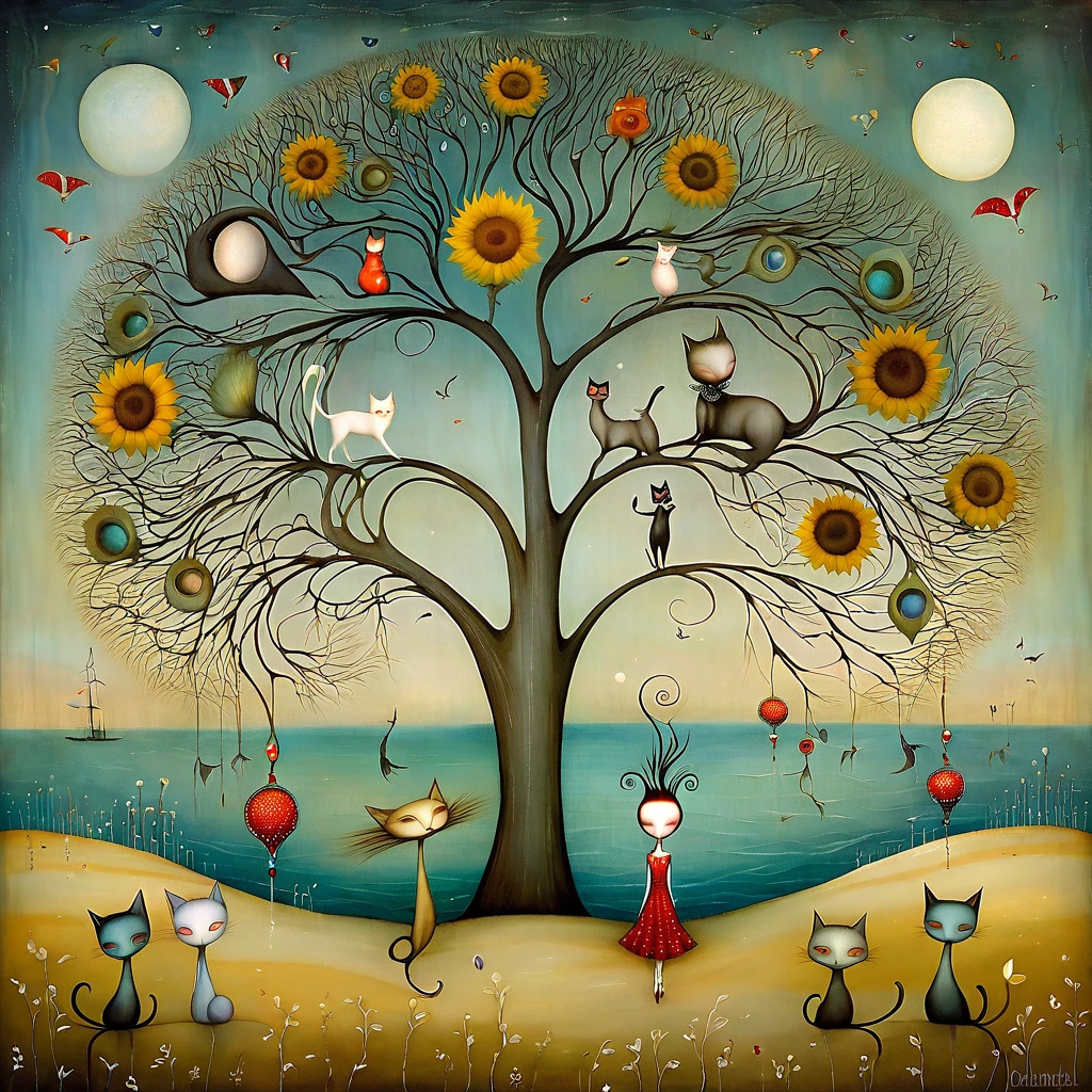 style inspired by Klimt, Nicoletta Ceccoli, Catrin Welz-Stein, Didier Lourenço, and Leonora Carrington. In the seascape of a beach, with dunes, grass, a large tree with many large branches moving in every direction. On the branches are cats, with long necks and tails and many colors, sleeping. sunflower and dandelion flowers.