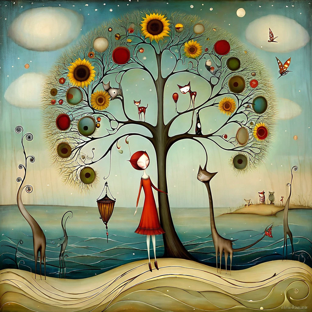 style inspired by Klimt, Nicoletta Ceccoli, Catrin Welz-Stein, Didier Lourenço, and Leonora Carrington. In the seascape of a beach, with dunes, grass, a large tree with many large branches moving in every direction. On the branches are cats, with long necks and tails and many colors, sleeping. sunflower and dandelion flowers.