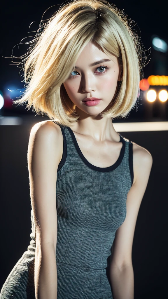((Best Quality, 8k, Masterpiece: 1.3)), Full Body, Focus Sharp: 1.2, Outstanding Beauty: 1.4, Slender Abs: 1.2, (((Blonde, Big: 1.2)), Tank Top Dress: 1.1, (Night City, Street: 1.1), bob cut hairstyles, Highly Detailed Face and Skin Texture, Detailed Eyes, Double Eyelids