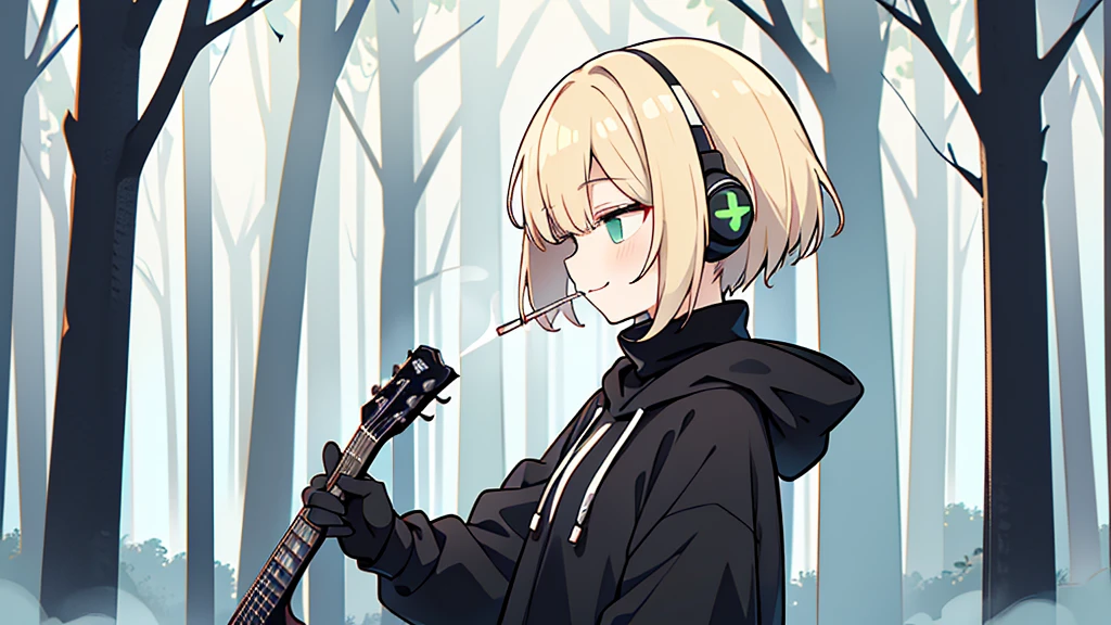 ((highest quality)), ((masterpiece)), (be familiar with), (Playing guitar in the woods)short hair、perfect face,white half-up hair,green mesh blonde、Smoke a cigarette、cool black hoodie,headphones,black gloves,turtleneck,alone,İcon、profile、Right beside、Expressionless、smile、Light-colored clothing