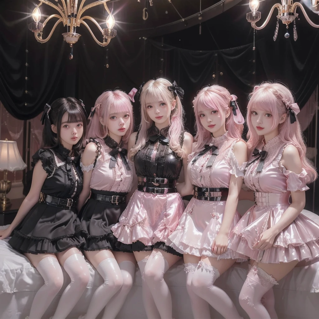 8K resolution, surreal, Super detailed, high quality, perfect anatomy, jammed, (7 girls)++, group shot, grin, smiling, Phenomenally cute, perfect proportion, full body, (((shiny pink satin, shiny pink latex, high neck, jirai fashion, short dress with many frills, pink Lace, micro mini skirt, bow ribbon)))+, (((bleached hair)))+, ((extra large breasts)), sitting on bed,  ((crowded with girls)), ((At the bedroom with Chandelier at late night:1.2)), ((see-through black thighhighs))+, looking at viewer, incoming
