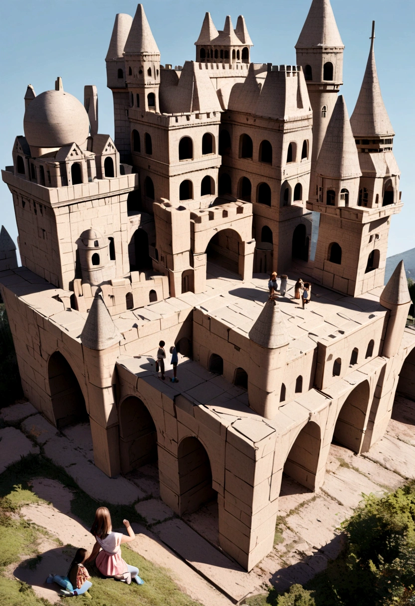 Create a hyper-realistic digital image Hands. One pair of weathered, calloused hands (Gen X) lays a foundation of building blocks. Above them, another pair of youthful hands (Gen Z) builds a fantastical castle on top of the foundation, seemingly oblivious to the base below,