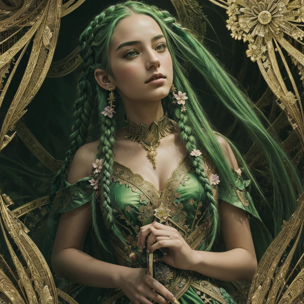 (masterpiece, top quality, best quality, official art, beautiful and aesthetic:1.2), (1girl:1.3), (fractal art:1.3), card, tarot, green hair, twin braids, hair flower, (good lighting:1.1), ((highres)), Tarot card style