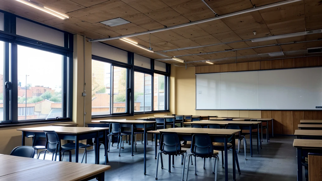 Classroom, multiple desks and Charis, spacious, chalkboard, blackboard at front of the class, teachers desk at the front of room, light wood colors, golden, no people, empty classroom, straight on POV from back of class, no POV angles, linear, door on right side of room, clean chairs, detailed chairs, detailed desks, high resolution, widows on left side, full windows left side