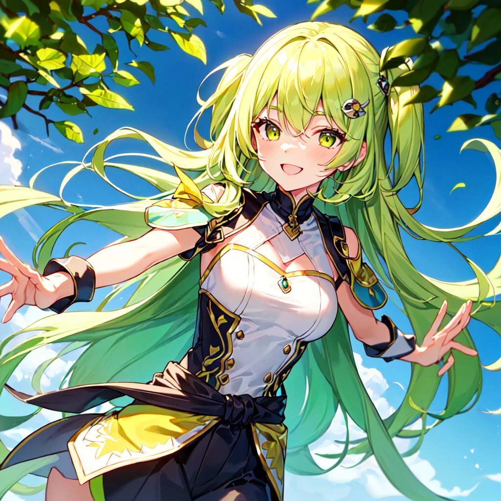 MASTERPIECE, best quality, high quality, extremely detailed, very delicate and beautiful, (1 female 18 yrs old solo:1.2), (lime coloured hair long and two side up to waist:1.4), fringes to eyebrows, Eyes sharp, strong glossy glossy eyes, glossy eyebrows, (eye colour yellow-green:1.3), 6.5 head height, (lime section print summer fashion:1.3), lime section hair ornament, knee socks, (smiling), (running), (hands raised), (dynamic pose), (background lime tree:1.5), (blue sky), (upper body:1.3), (upper body:1.3)