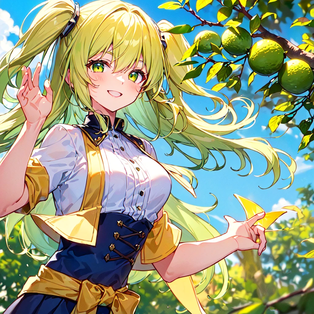 MASTERPIECE, best quality, high quality, extremely detailed, very delicate and beautiful, (1 female 18 yrs old solo:1.2), (lime coloured hair long and two side up to waist:1.4), fringes to eyebrows, Eyes sharp, strong glossy glossy eyes, glossy eyebrows, (eye colour yellow-green:1.3), 6.5 head height, (lime section print summer fashion:1.3), lime section hair ornament, knee socks, (smiling), (running), (hands raised), (dynamic pose), (background lime tree:1.5), (blue sky), (upper body:1.3), (upper body:1.3)