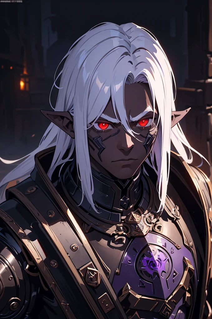 masterpiece, best quality, ultra high res, dark theme, 1boy, (dungeonpunk armor), (mechanical steampunk armor), (wearing armor), fantasy illustration, dark skinned, human, upper body, portrait, red eyes, long white hair, half-drow, pointy ears, serious face, young man, dramatic lighting, purple hue, art by Kinema Citrus