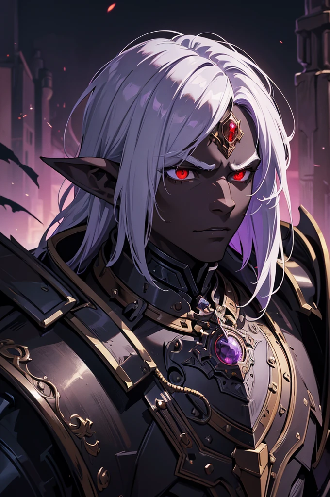masterpiece, best quality, ultra high res, dark theme, 1boy, (dungeonpunk armor), (mechanical steampunk armor), (wearing armor), fantasy illustration, dark skinned, human, upper body, portrait, red eyes, long white hair, half-drow, pointy ears, serious face, young man, dramatic lighting, purple hue, art by Kinema Citrus