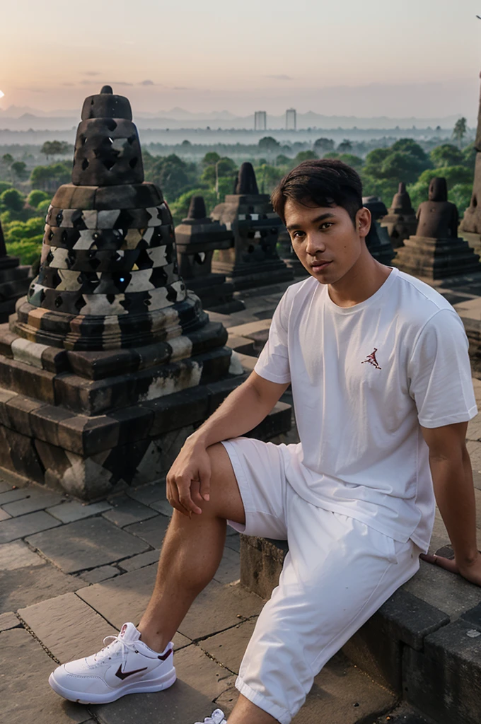 Photo of a man, 27 years old, sitting at Borobudur temple, wearing white Air Jordan shoes, sunset atmosphere, original and clear photos