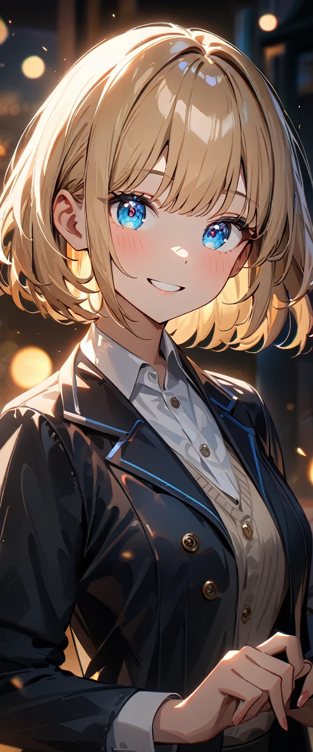 (((One girl))), blond hair, bob cut, (upper body), (looking at viewer), breasts, teenager, head tilt:1.3, (((blue eye))), (from side), ((happy smile)), white shirt, black blazer, black skirt, anime style, (best quality, 4k, 8k, highres, masterpiece:1.2, ultra-detailed, ultra-detailed eyes, HDR, UHD, studio lighting, ultra-fine painting, sharp focus, physically-based rendering, extreme detail description, professional, vivid colors, bokeh)