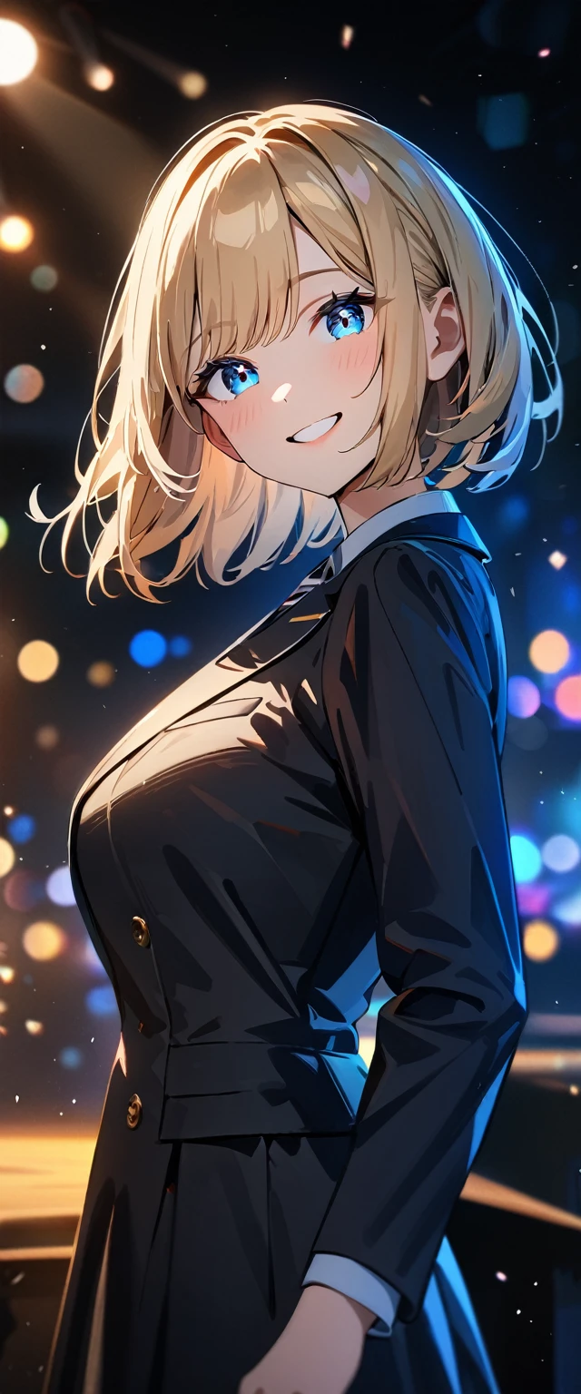 (((One girl))), blond hair, bob cut, (upper body), (looking at viewer), breasts, teenager, head tilt:1.3, (((blue eye))), (from side), ((happy smile)), white shirt, black blazer, black skirt, anime style, (best quality, 4k, 8k, highres, masterpiece:1.2, ultra-detailed, ultra-detailed eyes, HDR, UHD, studio lighting, ultra-fine painting, sharp focus, physically-based rendering, extreme detail description, professional, vivid colors, bokeh)