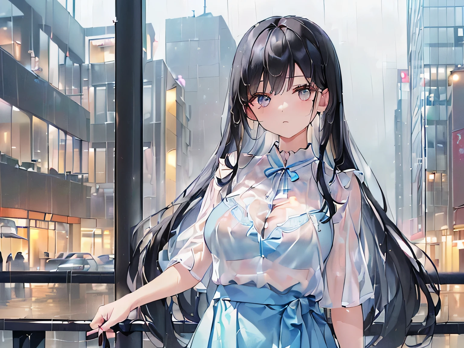 (masterpiece、Highest quality、High resolution、Realistic photo、Real looking skin:1.1)、
(The woman's clothes are wet and transparent from the rain.、I can see the light blue bra:1.8)、
(Please provide a close-up of the upper body.:1.8)、
(standing:1.5)、
(Confused expression:1.5)、
(She is wearing a white short-sleeved blouse that is worn with casual clothes.:1.8)、
(She is wearing a long blue skirt:1.5)、
(I wear pumps on my bare feet:1.5)、
(The bra is light blue:1.8)、
(I have long black hair:1.5)、
(She is 25 years old:1.5)、
(She is good-looking enough to be a receptionist.:1.5)、
(The location was a pedestrian deck in a rainy downtown area.:1.5)、
1 Japanese Girl、solo、Full Body Esbian、Beautiful Eyes、Shining Eyes、Shining thighs、NSFW
