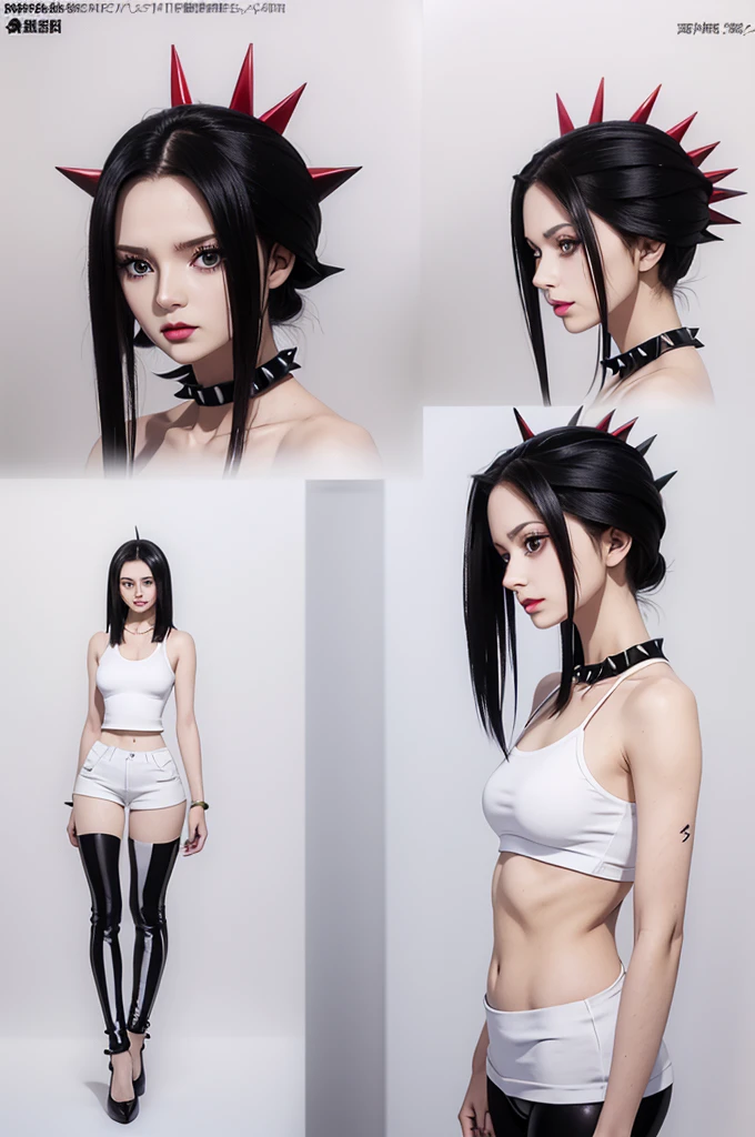 (full body) (same character front, back, side view) (model sheet) (multiple views of the same character), beautiful red eyes, anime woman, perfect anatomy, delicate face, short black hair, skin very white, black nails, black lips, wearing black leggins, small black t-shirt, black choker with spikes, black bracelets