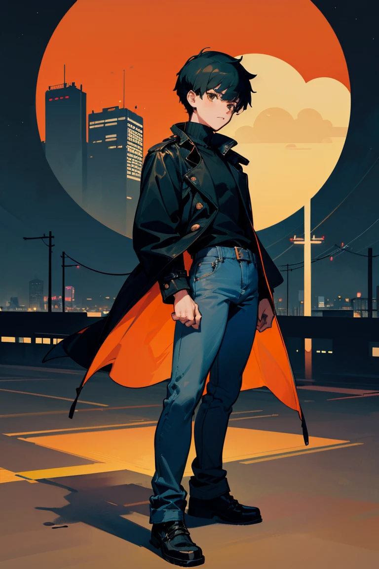 ((comic, illustration)), (best quality)), ((masterpiece)), (detailed), ((night)), teenager, solo, 1boy, male focus, black trench coat, short hair, black hair, spiky hair, jeans, rubber shoes, cityscape, lineart, thick lines, itadori, itadori_yuuji, hair bangs, muscular, turtleneck