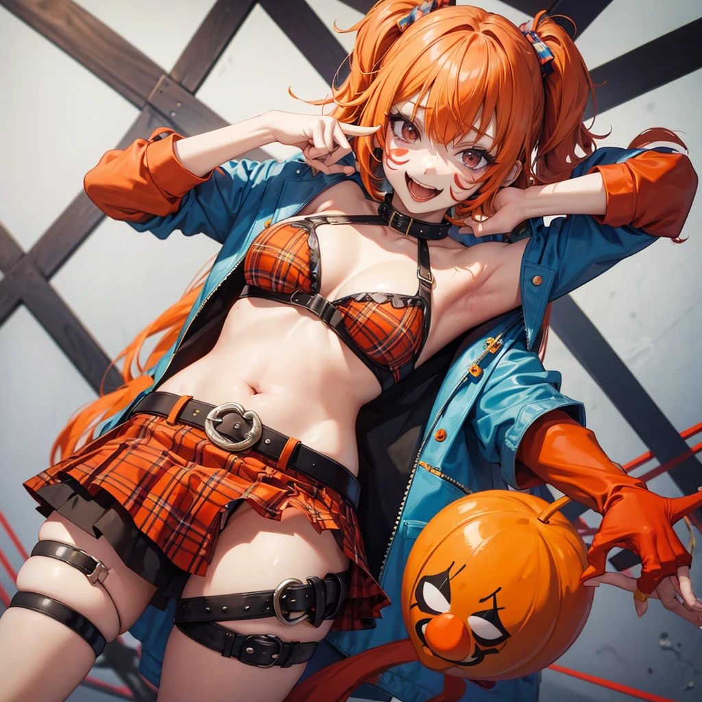 the clown girl, funny, painted face, sexy bikini, orange hair, medium breasts, punk rock belt, plaid skirt, psychotic circus background.