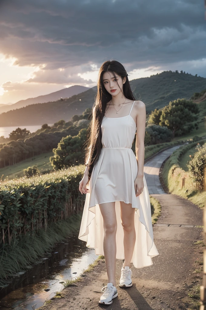 (((best quality))),(((ultra detailed))),(((masterpiece))),illustration,((1 beautiful girl,solo)),((slim,thin,flat chest)),(shoulder length straight hair:1.2),flowing hair,fair skin,(shiny skin:1.3),detailed eyes,laughing,(shirt-dress:1.3),delicate necklace,grass,dewdropletts,trees,bird chirping,serenity,gratitude,awe,wonders of nature,peace,contentment,magnificent world,summer,(pitch-dark dawn:1.5),(night scene:1.3),((full body,from front)),after rain,(wet:1.3),standing,on the path,At the mountaintop,confident gaze,elegant posture,mysterious atmosphere,solemn mood,dawn approaching,detailed decorations,(sunrise:1.3),(cloudy sky:1.2),rainbow,(Rural Landscape:1.2),horizon,slender legs,sneakers,arms behind back