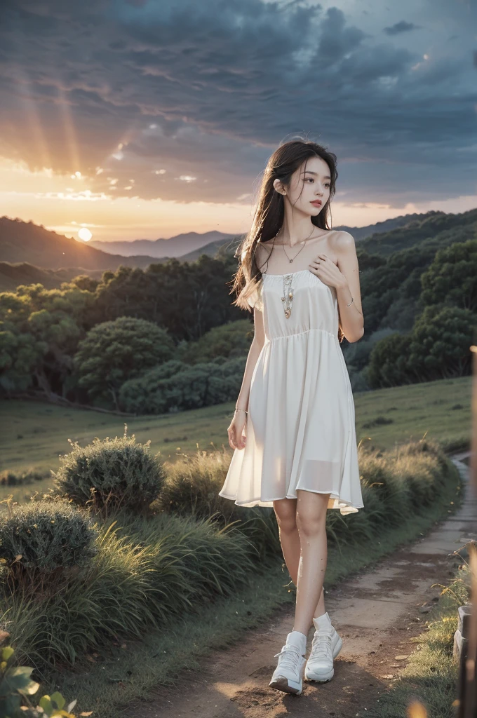 (((best quality))),(((ultra detailed))),(((masterpiece))),illustration,((1 beautiful girl,solo)),((slim,thin,flat chest)),(shoulder length straight hair:1.2),flowing hair,fair skin,(shiny skin:1.3),detailed eyes,laughing,(shirt-dress:1.3),delicate necklace,grass,dewdropletts,trees,bird chirping,serenity,gratitude,awe,wonders of nature,peace,contentment,magnificent world,summer,(pitch-dark dawn:1.5),(night scene:1.3),((full body,from front)),after rain,(wet:1.3),standing,on the path,At the mountaintop,confident gaze,elegant posture,mysterious atmosphere,solemn mood,dawn approaching,detailed decorations,(sunrise:1.3),(cloudy sky:1.2),rainbow,(Rural Landscape:1.2),horizon,slender legs,sneakers,arms behind back