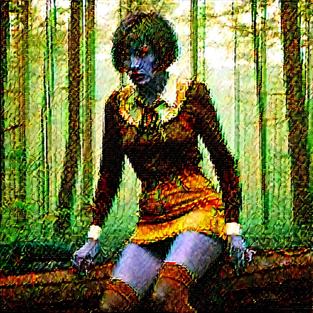 (Best Quality,tmasterpiece,great details, Dynamic frame:1.2),Forest around,The woman,Pronounced wrinkles,Bob haircut,jeans skirt,blouse,Stockings with garters, Detailed eyes and face,expression of despair,An anxious look,A Shameful Situation,Dark and moody lighting,Wrestling Hands,ominous vibe, Laceration, gloomy ecstasy, A Tragic Moment, (Psychological thriller)