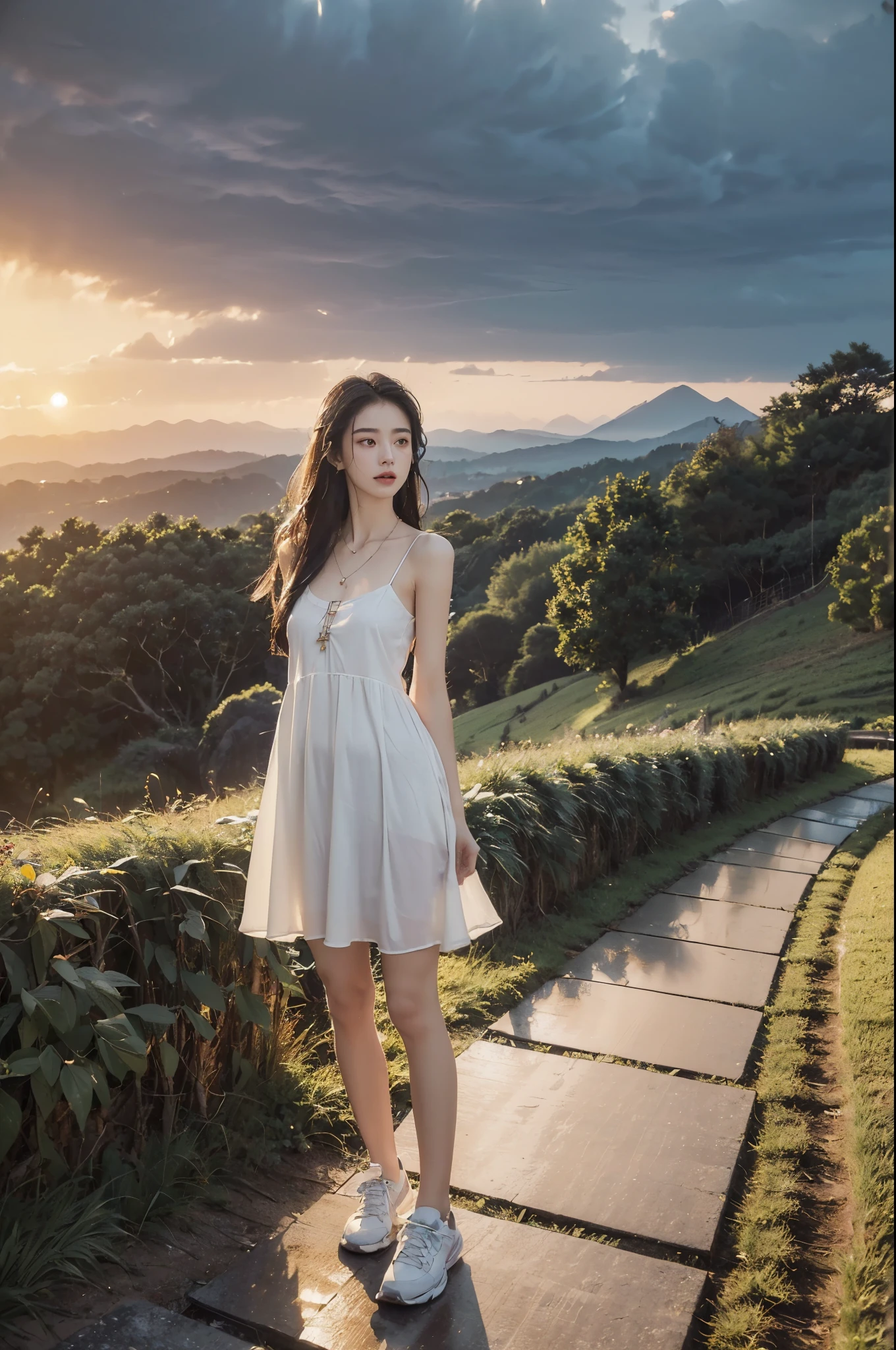 (((best quality))),(((ultra detailed))),(((masterpiece))),illustration,((1 beautiful girl,solo)),((slim,thin,flat chest)),(shoulder length straight hair:1.2),flowing hair,fair skin,(shiny skin:1.3),detailed eyes,laughing,(shirt-dress:1.3),delicate necklace,grass,dewdropletts,trees,bird chirping,serenity,gratitude,awe,wonders of nature,peace,contentment,magnificent world,summer,(pitch-dark dawn:1.5),(night scene:1.3),((full body,from front)),after rain,(wet:1.3),standing,on the path,At the mountaintop,confident gaze,elegant posture,mysterious atmosphere,solemn mood,dawn approaching,detailed decorations,(sunrise:1.3),(cloudy sky:1.2),rainbow,(Rural Landscape:1.2),horizon,slender legs,sneakers,