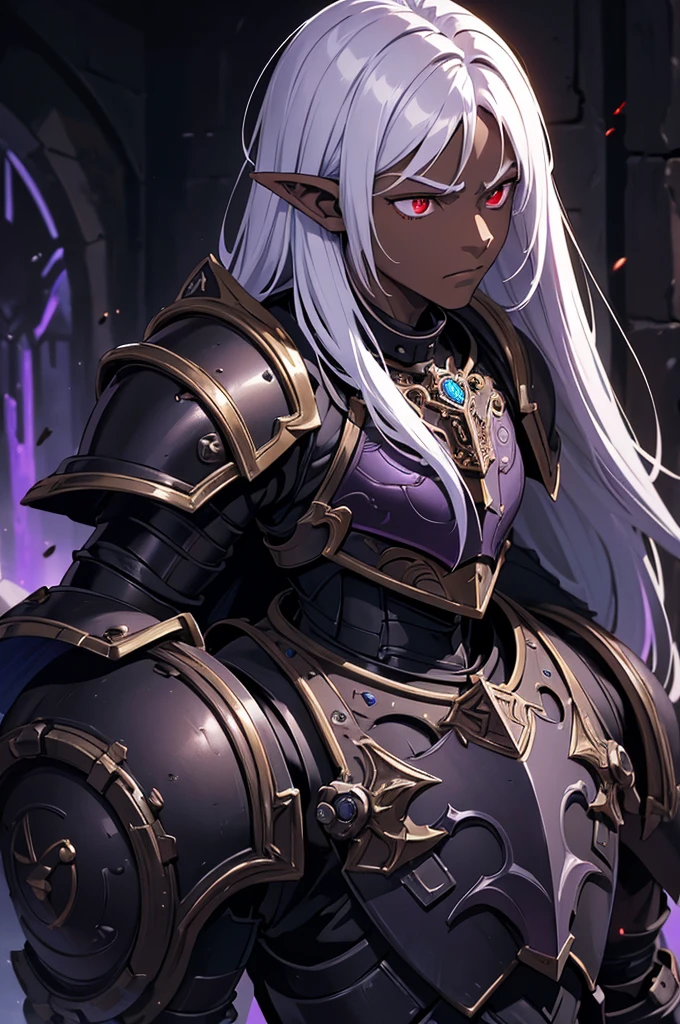 masterpiece, best quality, ultra high res, dark theme, 1boy, (dungeonpunk armor), (mechanical steampunk armor), (wearing armor), fantasy illustration, dark skinned, human, upper body, portrait, red eyes, long white hair, half-drow, pointy ears, serious face, young man, dramatic lighting, purple hue, art by Kinema Citrus