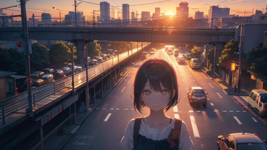 A shining sunset,sunset,Cars passing by on the road,Top-down view,Tokyo city,traffic jam,A girl with short bob hair and red eyes looking down on a footbridge