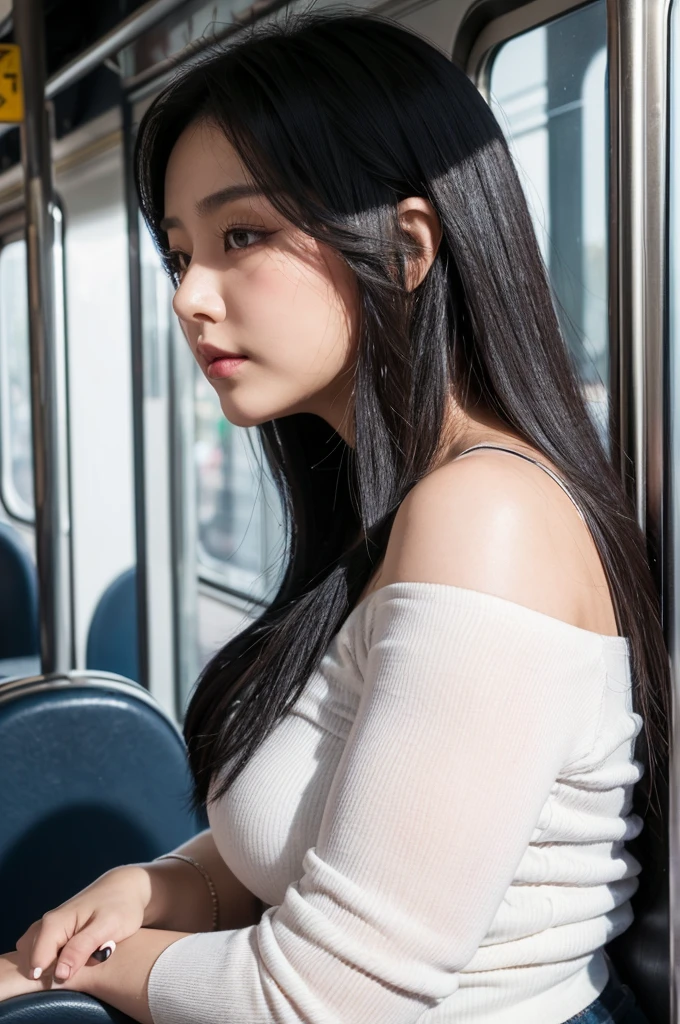 adult plump woman,dark black hair,27 years old,make up,(fair skin,thick arms:1.3),upperbody,close up,at train,crewneck white blouse,from side,