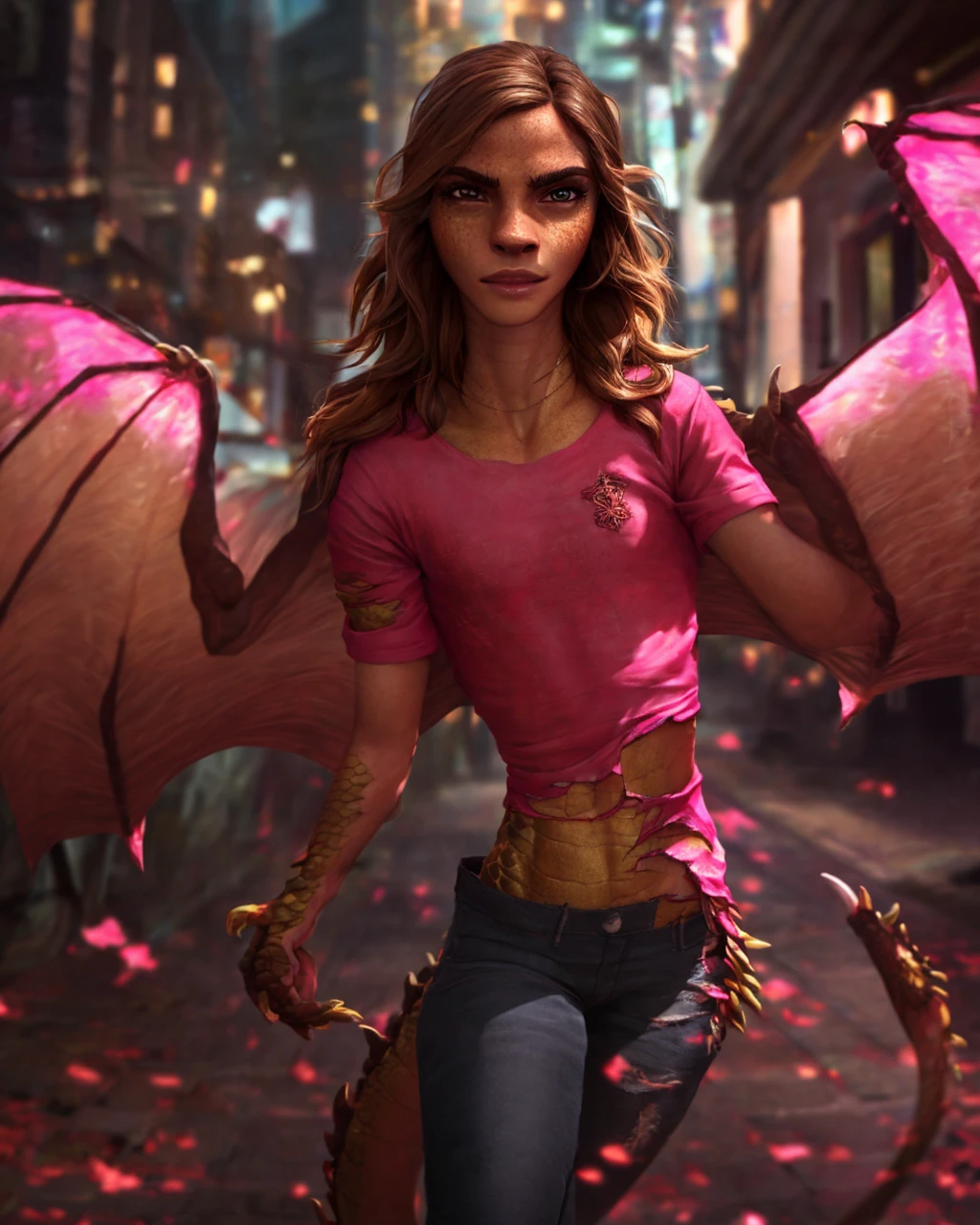 1girl, ewt, Emma watson, beautiful detailed eyes, beautiful detailed lips, extremely detailed eyes and face, long brown hair, pink t-shirt, jeans, standing on a street corner, award winning, intricate details, photorealistic, cinematic lighting, volumetric lighting, depth of field, beautiful face, striking pose, dynamic composition, vivid colors, warm tones, transformation into a dragon