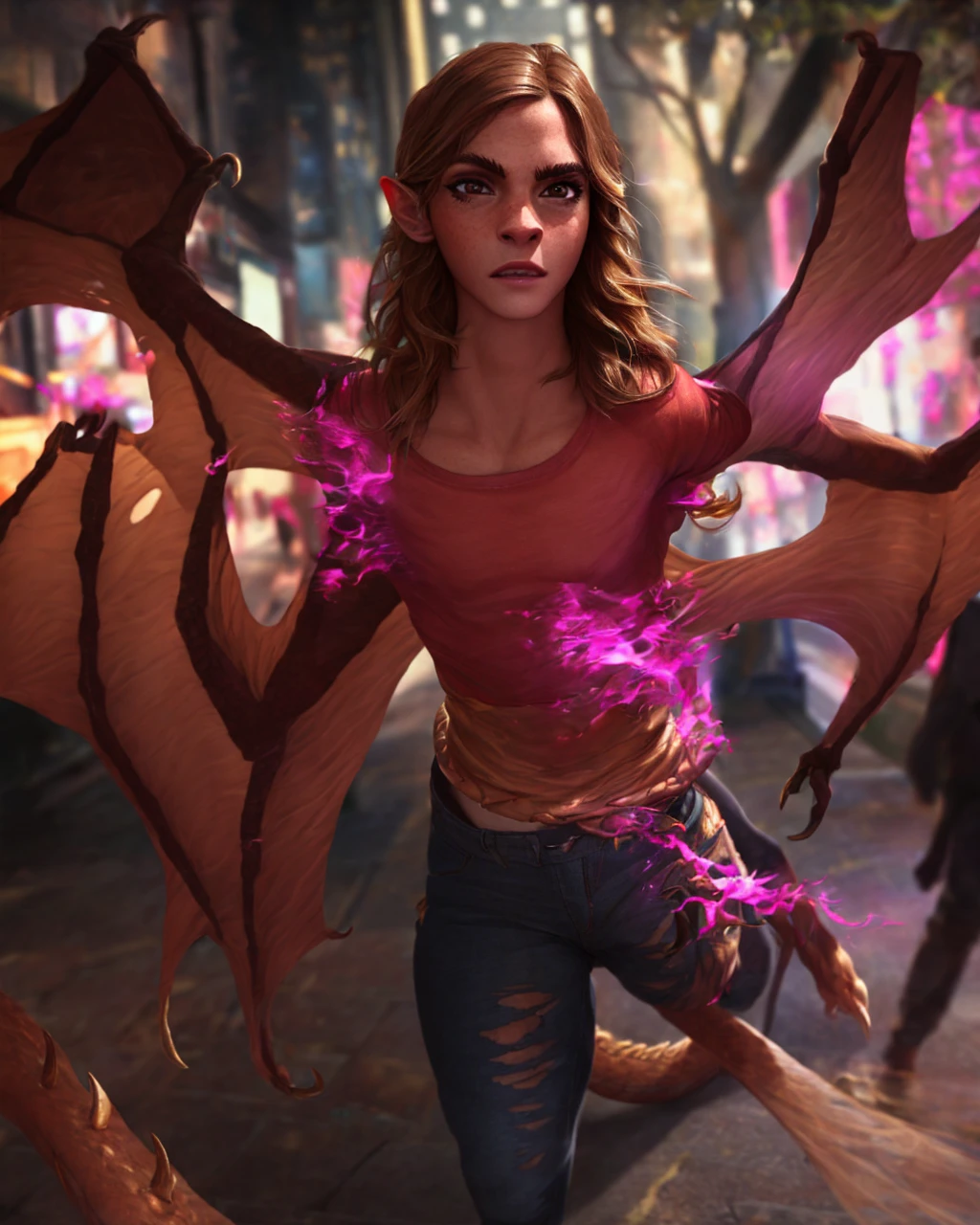 1girl, ewt, Emma watson, beautiful detailed eyes, beautiful detailed lips, extremely detailed eyes and face, long brown hair, pink t-shirt, jeans, standing on a street corner, award winning, intricate details, photorealistic, cinematic lighting, volumetric lighting, depth of field, beautiful face, striking pose, dynamic composition, vivid colors, warm tones, transformation into a dragon