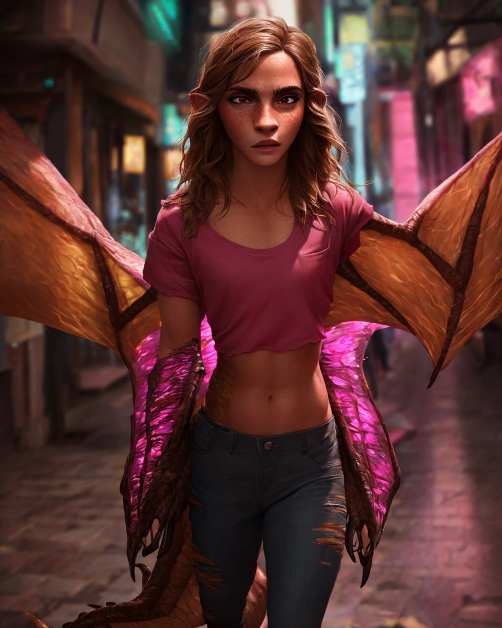 1girl, ewt, Emma watson, beautiful detailed eyes, beautiful detailed lips, extremely detailed eyes and face, long brown hair, pink t-shirt, jeans, standing on a street corner, award winning, intricate details, photorealistic, cinematic lighting, volumetric lighting, depth of field, beautiful face, striking pose, dynamic composition, vivid colors, warm tones, transformation into a dragon, green dragon with gold scales