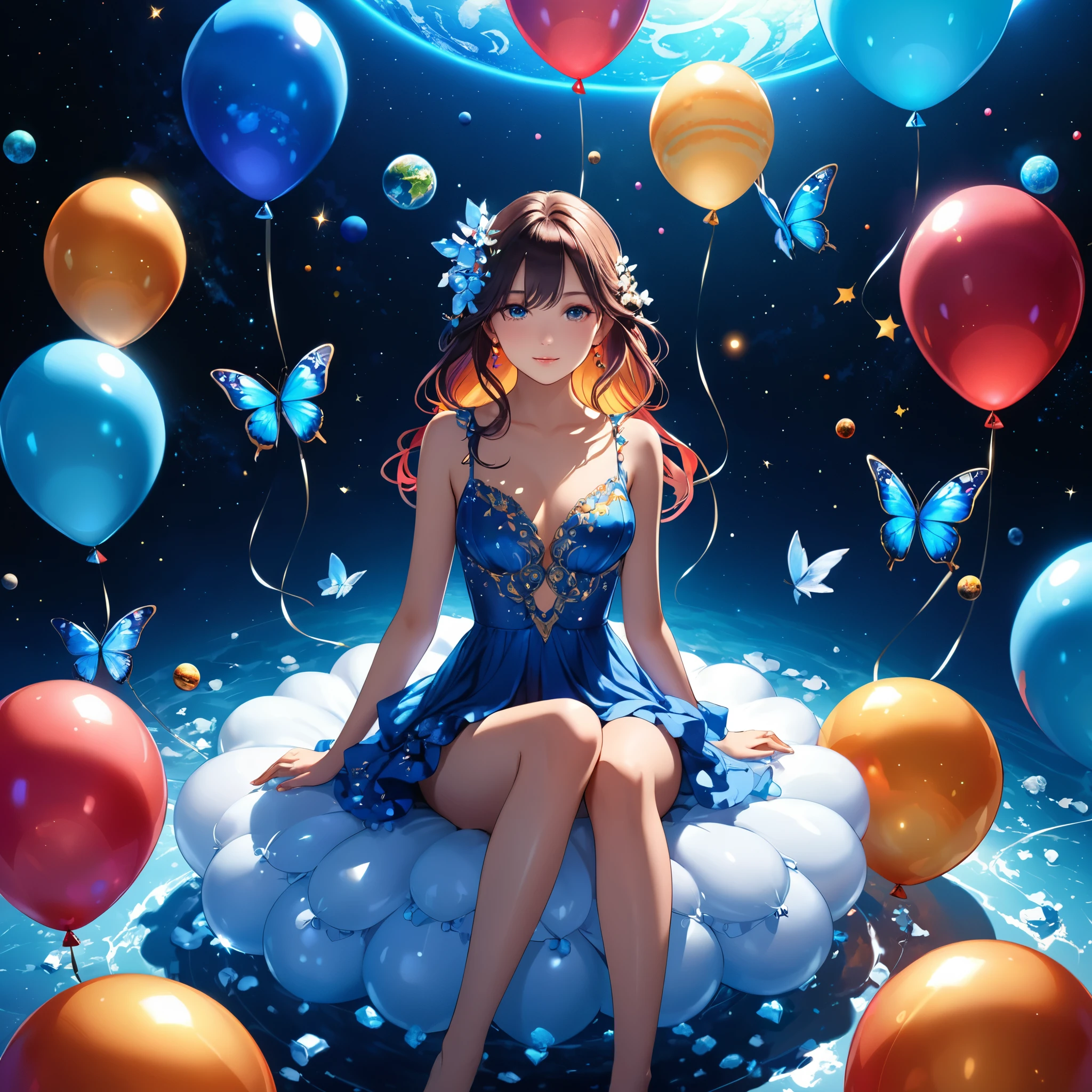 ([balloons:Small planets:0.5]:1.4), (Small_planets inside of balloons:1.4), (lots of colorful Small_planets:1.35) (colorful planets, earth, floating petals, big balloons:1.22), 1 girl, cute face, Full body, sitting, detailed beautiful eyes, bare legs, costume combination, Goddess, perfect body, [nsfw:0.88] (sitting on ice_planet:1.22) (lots of [floting blue Butterflies:floting ice:0.4]:1.22) (detailed light), (an extremely delicate and beautiful), volume light, best shadow,cinematic lighting, Depth of field, dynamic angle, Oily skin,