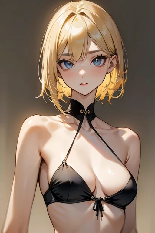 a beautiful blonde haired girl, tube top, beautiful clavicle, korean fashion, very slender, detailed beautiful eyes,オフショルダー