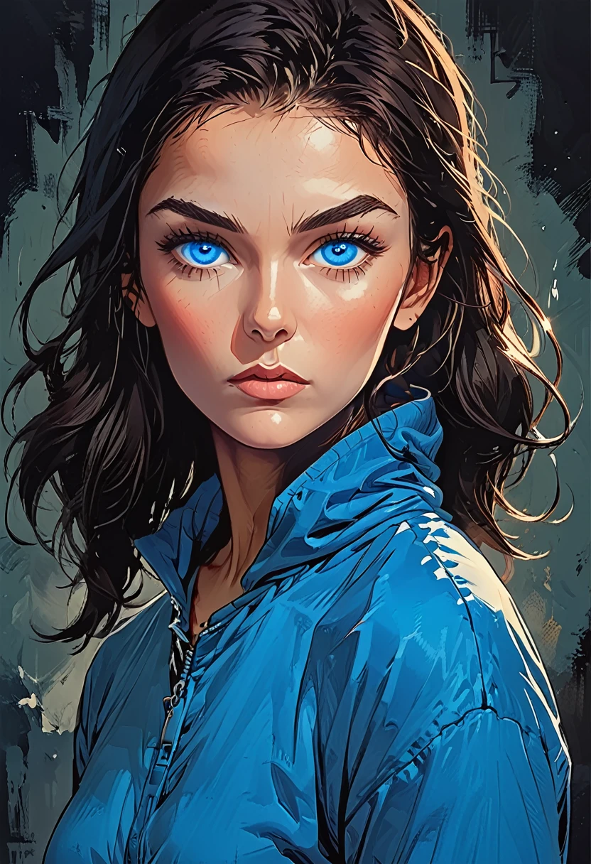 (hypnitized:1.4), (((glowing blue eyes, blue spiral eyes, blue kee eyes, ))) portrait girl in Blue oversized hoodie at dark green background, adult, [Nordic], Hourglass elongated fitness body, perfect Olive skin, Oval Face, Long neck, Rounded shoulders, perfect hand, Attached Pointed ears, round forehead, (9Short blonde Waves pixie hair)), snub nose, Arched eyebrows, High Round Narrow cheekbones, Dimpled Cheeks, Rounded Chin, Rounded Jawline, Full nude Lips, Nude Makeup Look, long eyelashes, graphic style of novel comics, 2d, 8k, hyperrealism, masterpiece, high resolution, best quality, ultra-detailed, super realistic, Hyperrealistic art, high-quality, ultra high res, highest detailed, lot of details, Extremely high-resolution details, incredibly lifelike, colourful, soft cinematic light,