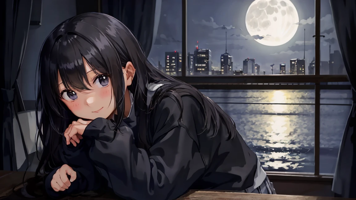 "In a dark room illuminated only by the moonlight, an anime girl in an oversized black sweatshirt. The room is nearly dark, with the moonlight giving a gentle glow to her figure. Her sleeves are long, and only a small part of her fingers is visible, making her look cute. She has long black hair and a shy, bashful smile, looking at the viewer."
