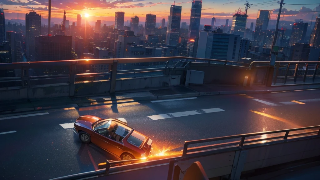 A shining sunset,sunset,Cars passing by on the road,Top-down view,Tokyo city,traffic jam,A girl with short bob hair and red eyes looking down on a footbridge