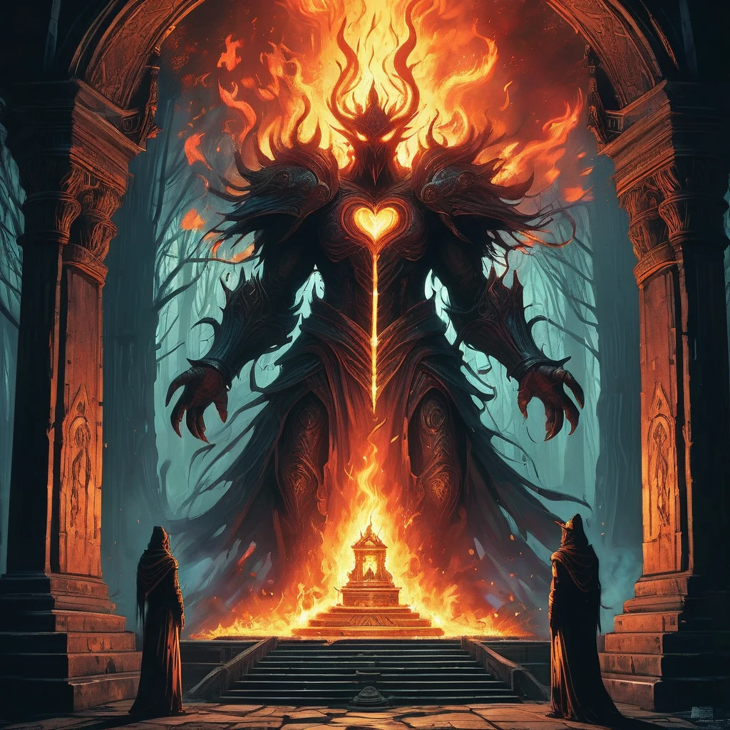 In the heart of a foreboding temple, deep within a shadowed forest, resides a flamesman—a mysterious figure cloaked in fire. Legends whisper of their power, borne from an ancient pact with elemental forces. As darkness encroaches and the temple walls echo with arcane chants, the flamesman emerges from the inferno, their burning eyes ablaze with secrets and the promise of forbidden knowledge. Tell the tale of this enigmatic guardian, their role in the temple's cryptic rituals, and the price they exact upon those who dare to seek their fiery wisdom.