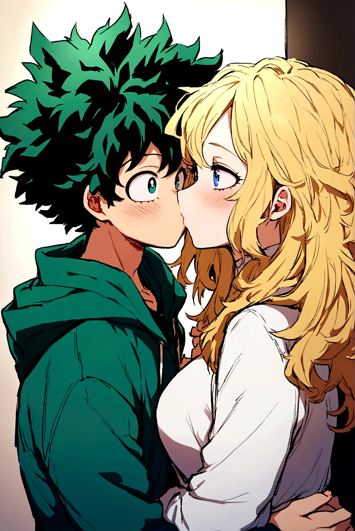 My hero academia, girl with long yellow messy hair and bright blue eyes with Midoriya Izuku, romantic relationship
