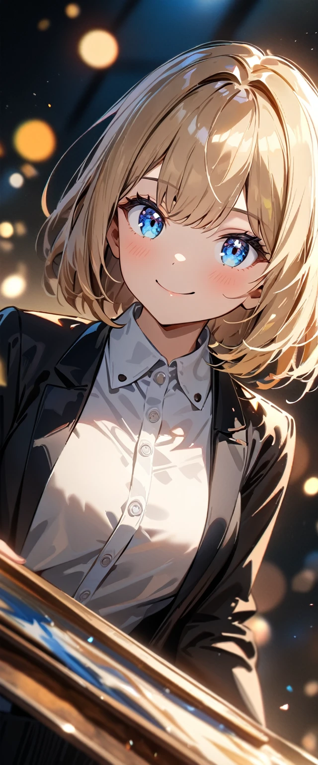 (((One girl))), blond hair, bob cut, (upper body), (looking at viewer), breasts, teenager, head tilt:1.3, (((blue eye))), (from side), ((happy smile)), white shirt, black blazer, black skirt, anime style, (best quality, 4k, 8k, highres, masterpiece:1.2, ultra-detailed, ultra-detailed eyes, HDR, UHD, studio lighting, ultra-fine painting, sharp focus, physically-based rendering, extreme detail description, professional, vivid colors, bokeh)