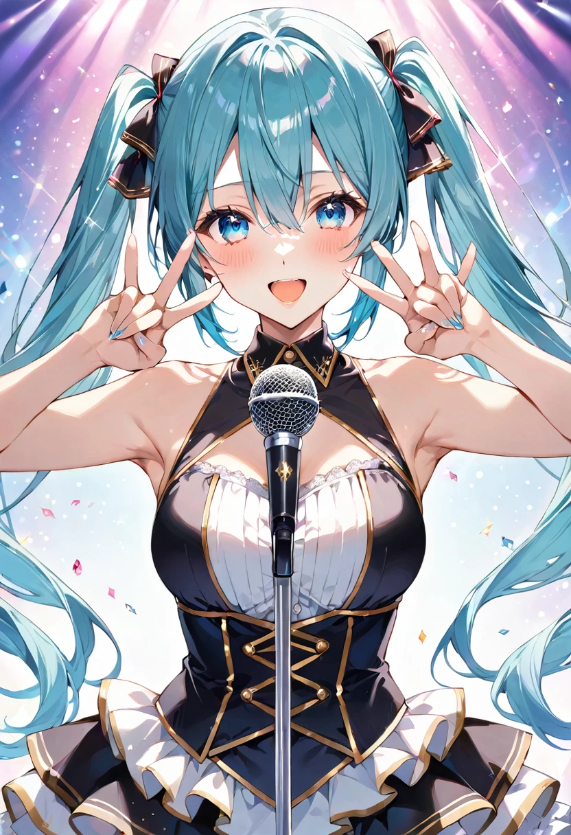 masterpiece, best quality, ultra detailed, sparkling eyes, beautiful detailed eyes, masutepiece, High resolution, 8K, anime woman, Delicate and detailed writing 、Detailed digital illustration、Very long hair and shiny、bangs、a very beautiful woman、Eyes are double, Large, Bust is D cup、High image quality, High quality、Detailed background、(((Wearing idol clothes)))、((glittering live stage backdrop))、The inside of the eye shines like a diamond、Pale light blue hair、Gradient pupil、(((2 arms、4 fingers, 1 thumb)))、Detailed female face、Very beautiful and cute woman、、Detailed background、​masterpiece、Soft Focus , Bright gradient watercolor , Lens Flare , (((glitter))) , Glow , Dreamy , (((Holding a glitter microphone in your hand)))、a miniskirt、idol、((miku hatsune))、(((Pigtails)))、Laughing