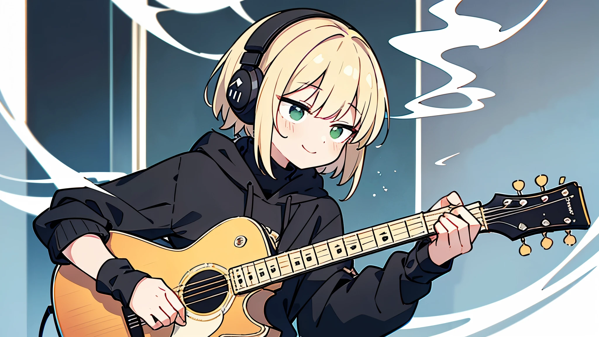 ((highest quality)), ((masterpiece)), (be familiar with), (Playing guitar at a live house)short hair、perfect face,white half-up hair,green mesh blonde、Smoke a cigarette、cool black hoodie,headphones,black gloves,turtleneck,alone,İcon、profile、Right beside、Expressionless、smile、Light-colored clothing