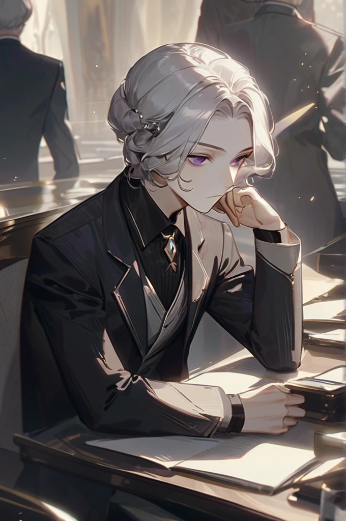 ((Лучшее качество)), ((шедевр)), (подробный), A guy in a black suit with purple eyes and long silver hair