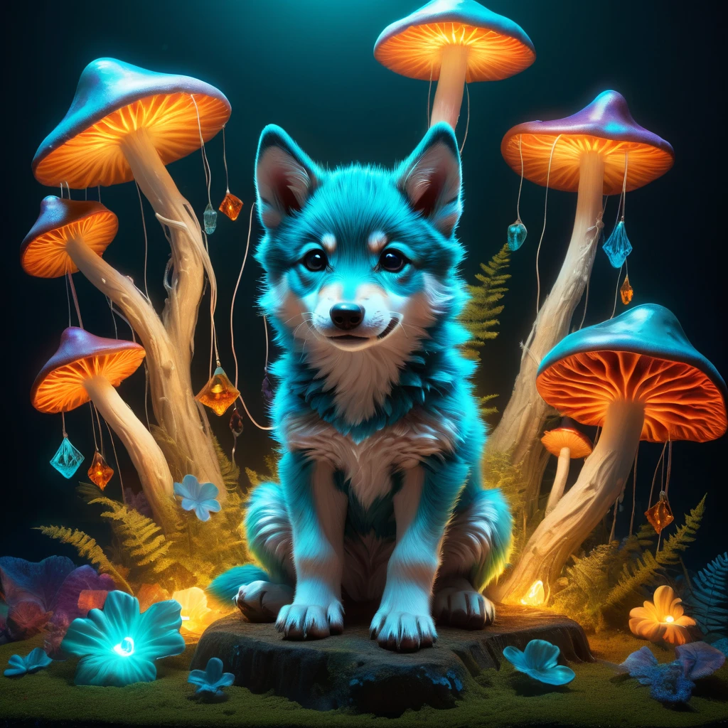 whimsical scene of a cute wolf pup sitting on dim glow bioluminescent mushroom with a glowing cap, surrounded by colorful and playful decorations. cute pose, charming and pretty wish, vibrant and lively decorations, wonder magic world, full rich colors of dark cyan, explosive background effects touch of coolness and edge, add light painting colors, absurd resolution, dynamic swing effect element piece, exquisitely crisp details, intricate details meticulously, expertly rendered with optical light paint, (((radiosity rendered in stunning 32k resolution:1.3))), highest quality, highly quality,