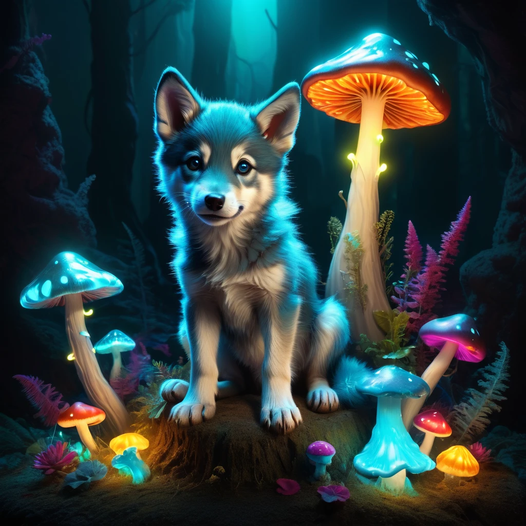whimsical scene of a cute wolf pup sitting on dim glow bioluminescent mushroom with a glowing cap, surrounded by colorful and playful decorations. cute pose, charming and pretty wish, vibrant and lively decorations, wonder magic world, full rich colors of dark cyan, explosive background effects touch of coolness and edge, add light painting colors, absurd resolution, dynamic swing effect element piece, exquisitely crisp details, intricate details meticulously, expertly rendered with optical light paint, (((radiosity rendered in stunning 32k resolution:1.3))), highest quality, highly quality,