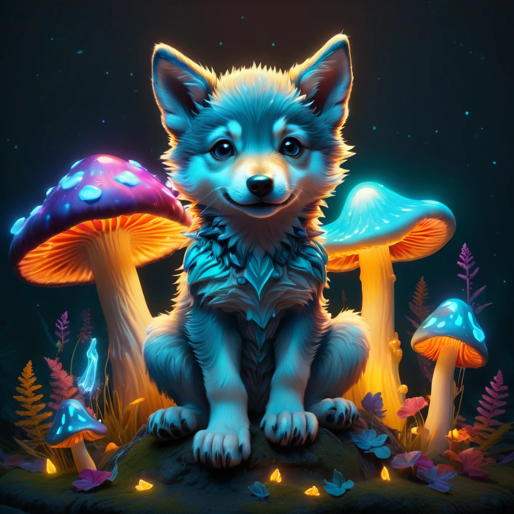 whimsical scene of a cute wolf pup sitting on dim glow bioluminescent mushroom with a glowing cap, surrounded by colorful and playful decorations. cute pose, charming and pretty wish, vibrant and lively decorations, wonder magic world, full rich colors of dark cyan, explosive background effects touch of coolness and edge, add light painting colors, absurd resolution, dynamic swing effect element piece, exquisitely crisp details, intricate details meticulously, expertly rendered with optical light paint, (((radiosity rendered in stunning 32k resolution:1.3))), highest quality, highly quality,