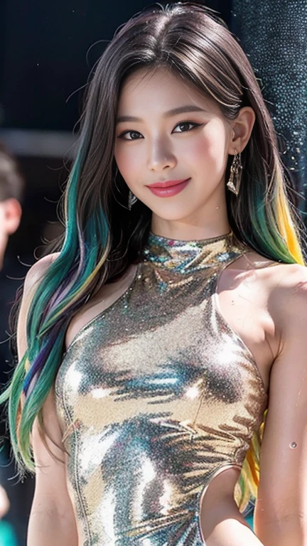 ((Highest quality, 8K, masterpiece:1.3, 1 Girl, beautiful girl)), High resolution, cute, dynamism, Detailed face, Detailed skin, fine grain, Detailed lips, Realistic, RAW Photos, Natural light, Perfect Anatomy, Dynamic pose, Toned Legs, double eyelid, Tear bags, Round eyes, Moist lips, (Colorful body, Colorful glitter liquid on a naked body:1.2), Colorful Hair, Rainbow Hair, Colorful background, Japanese Girls, Cowboy Shot, Sweaty, smile, Glitter Liquid Art, Half closed eyes, Upper Body, SFW